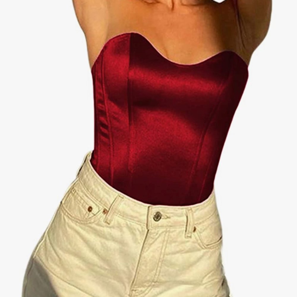Red strapless corset top